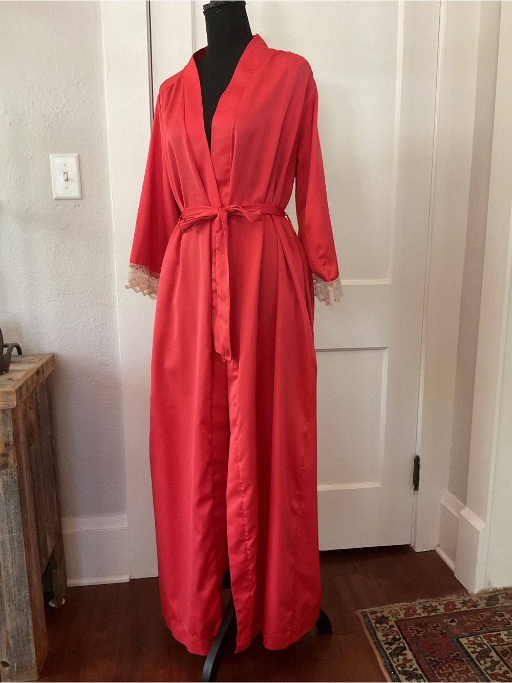 Vintage Givenchy coral red robe lace trim